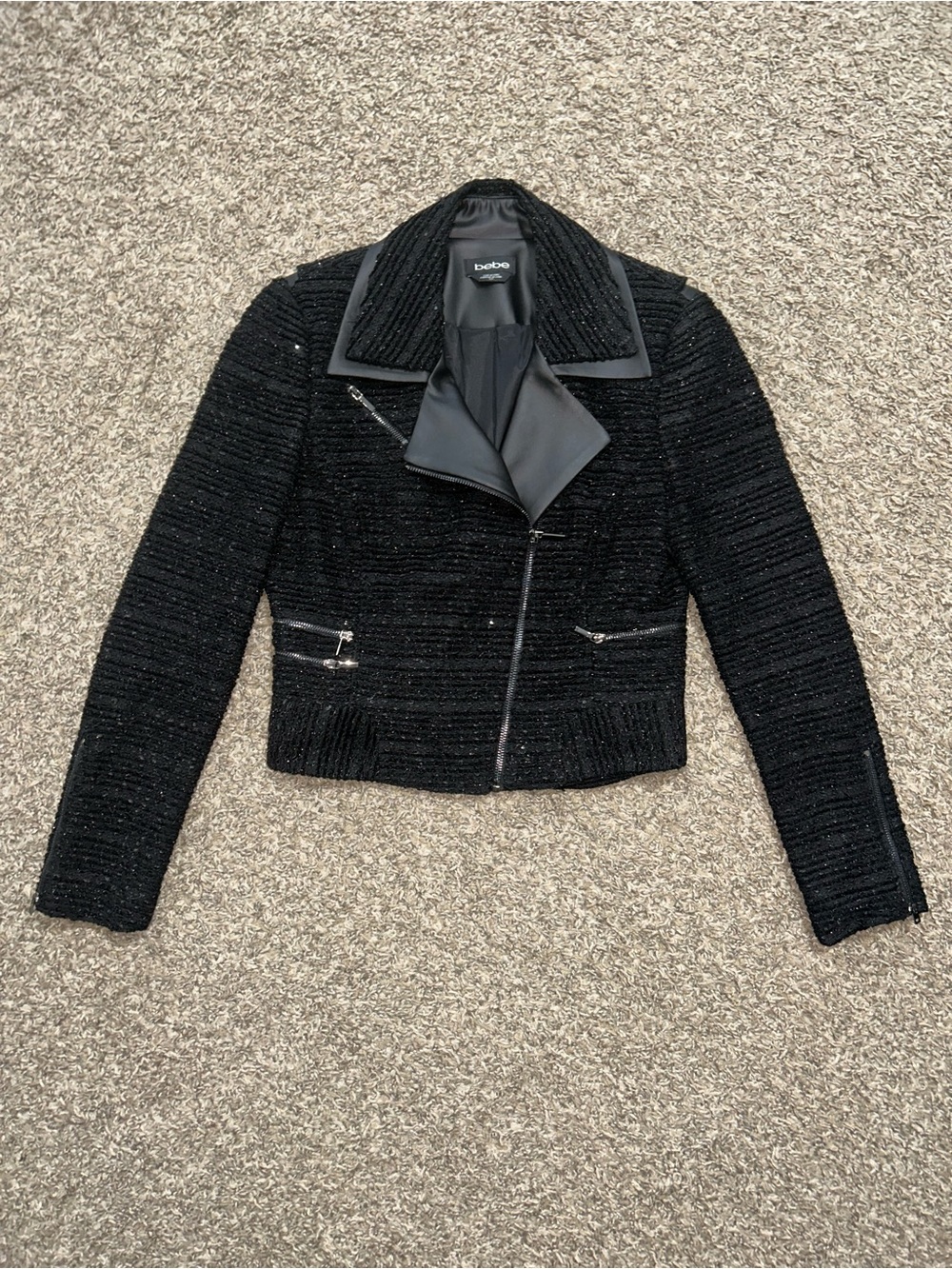 Bebe Sparkly Tweed Faux Leather Zipper Jacket size S